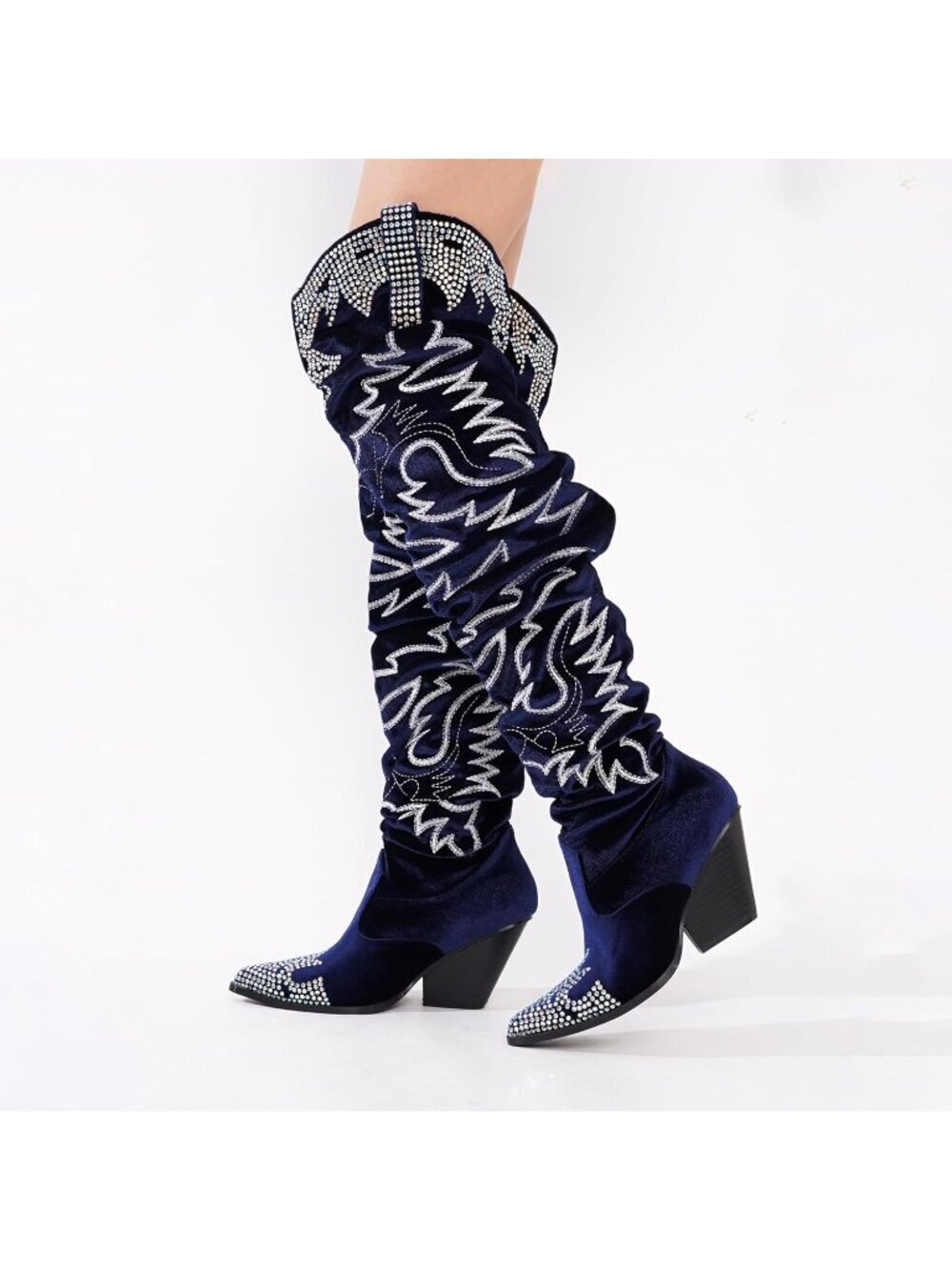 Women's Blue Rhinestone Embroidered Cowboy Boots Thigh High Slouchy Wide Calf - Picture 4 of 6